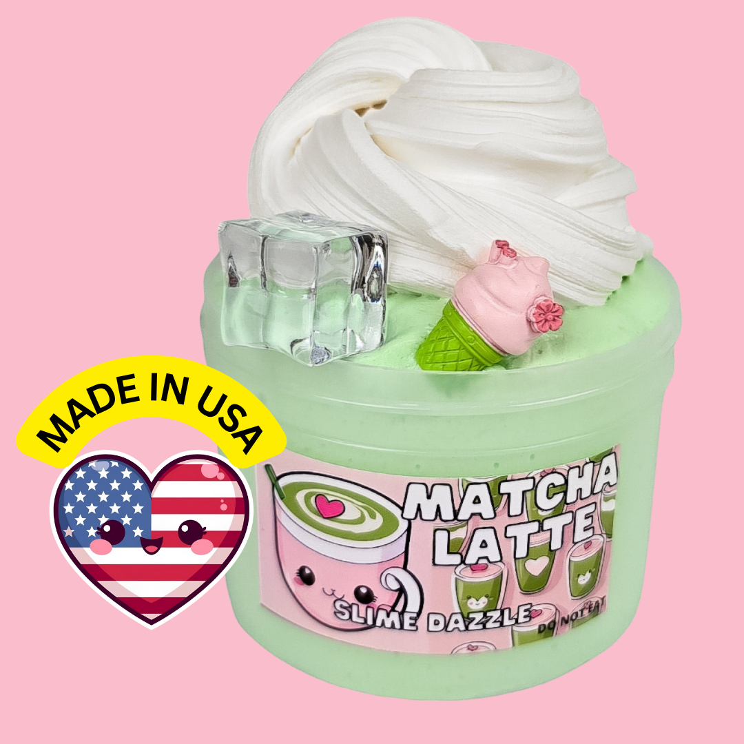 Matcha Latte DIY Butter Slime – Green Tea Matcha Vanilla Scented Slime with Clay Cream Swirl, Ice Cube & Charm – Beginner Friendly, Inflatable & Non-Sticky