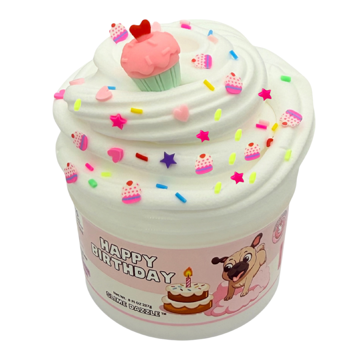 Happy Birthday Cloud Slime – Birthday Cake Scented Fluffy Slime – Pink & White Drizzle Slime – Soft Stretchy Scented Slime Gift