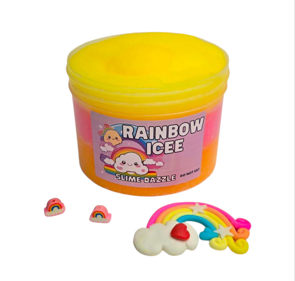 Rainbow Icee Slime – Layered Pink, Yellow & Orange Icee Slime with Lemon & Pink Sugar Scent – Rainbow Charms – Beginner Friendly Drizzle Slime