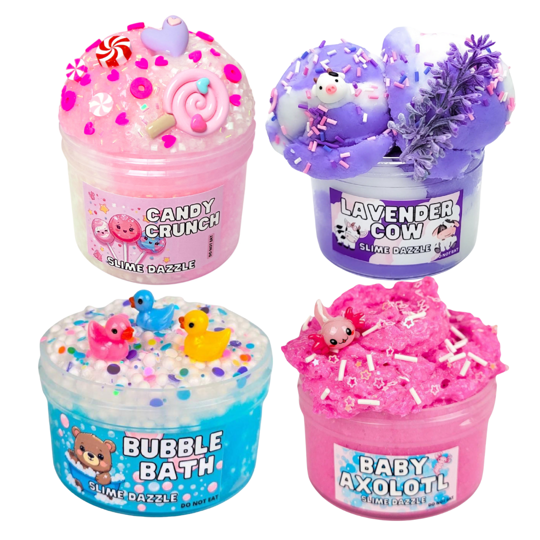 Best-Selling Slime Set – 4 Textured Slimes (Cloud, Bingsu, Floam, Snow Fizz) – Lavender Cow, Candy Crunch, Bubble Bath, Axolotl Fluff – ASMR & Beginner Friendly 4-Pack