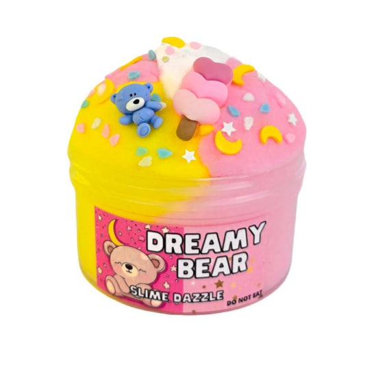 Dreamy Bear Cloud Slime – Pink, White & Yellow Drizzly Cloud Slime with Lemon Pink Sugar Scent, Bear Charm & Sprinkles – Beginner Friendly Soft Slime