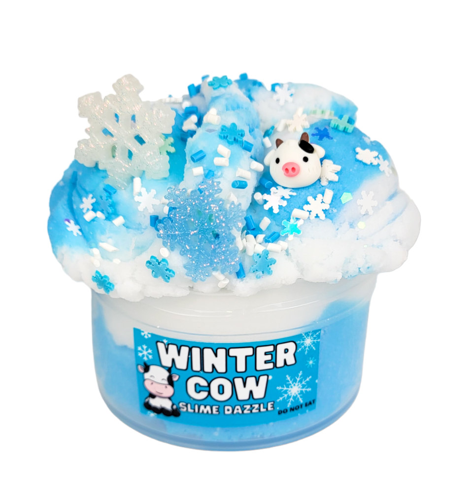 Winter Cow Cloud Slime – White & Blue Drizzly Slime with Vanilla Marshmallow Scent, Cow & Snowflake Charms, Sprinkles – Beginner Friendly Fluffy Slime