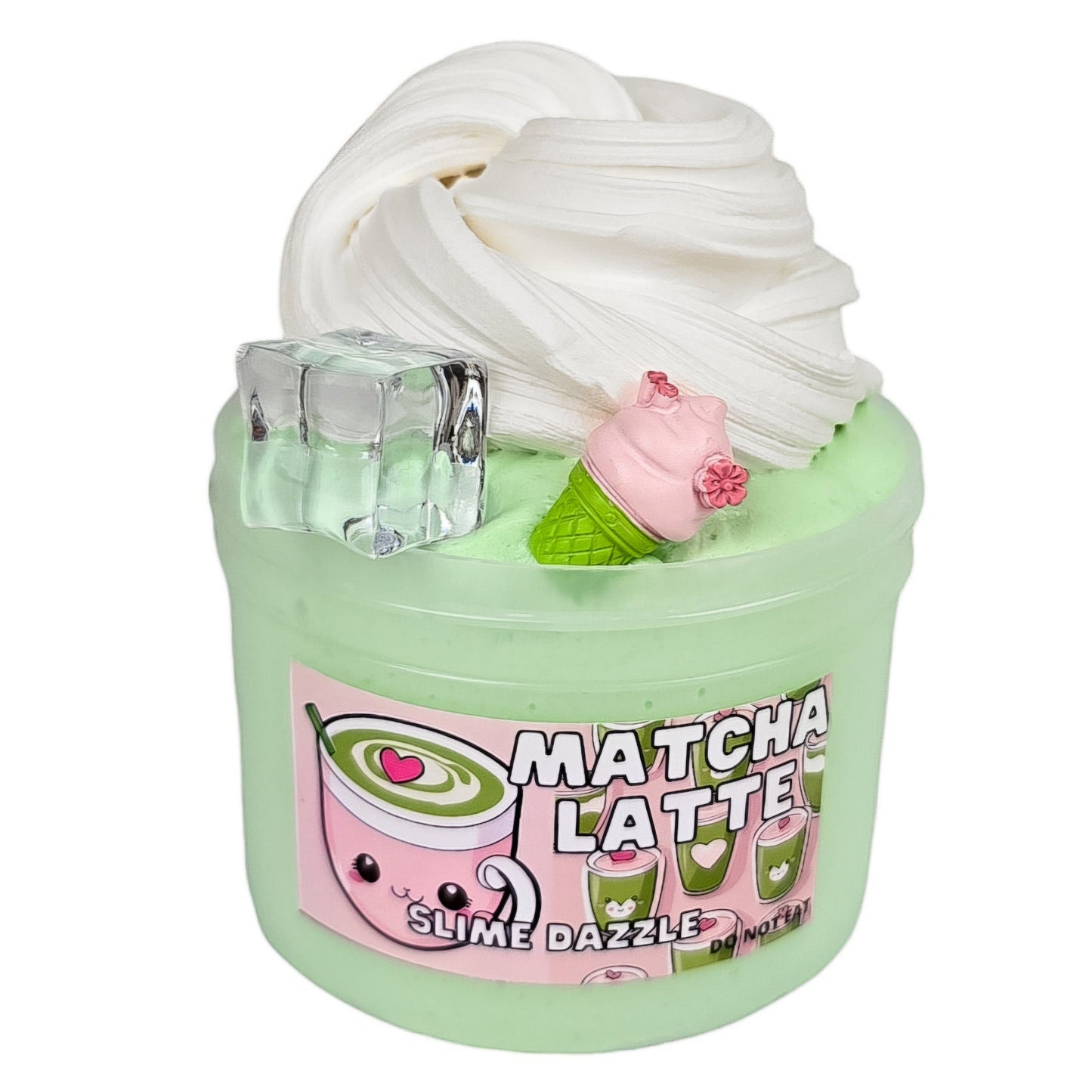 Matcha Latte DIY Butter Slime – Green Tea Matcha Vanilla Scented Slime with Clay Cream Swirl, Ice Cube & Charm – Beginner Friendly, Inflatable & Non-Sticky