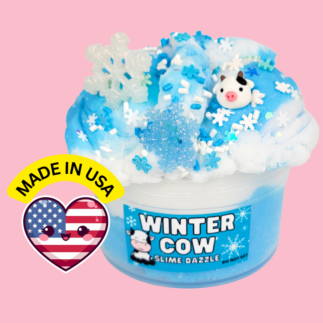 Winter Cow Cloud Slime – White & Blue Drizzly Slime with Vanilla Marshmallow Scent, Cow & Snowflake Charms, Sprinkles – Beginner Friendly Fluffy Slime