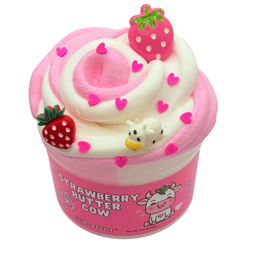 Strawberry Butter Cow Slime – White & Pink Butter Snow Slime with Strawberry Patch & Vanilla Scent, Strawberry & Cow Charms – Beginner Friendly Soft Texture
