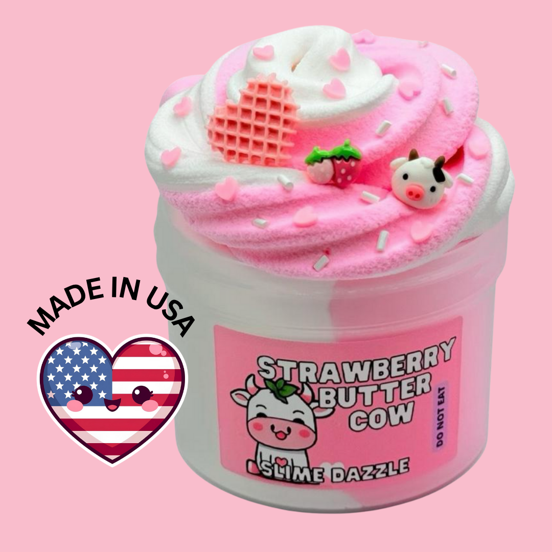 Strawberry Butter Cow Slime – White & Pink Butter Snow Slime with Strawberry Patch & Vanilla Scent, Strawberry & Cow Charms – Beginner Friendly Soft Texture