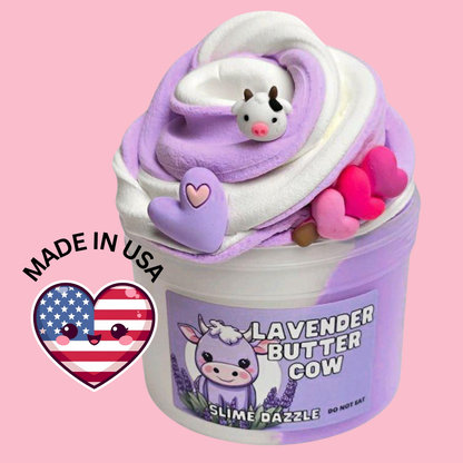 Lavender Butter Slime – Purple & White Butter Slime with Lavender Vanilla Scent, Cow & Heart Charms – Beginner Friendly Creamy Texture