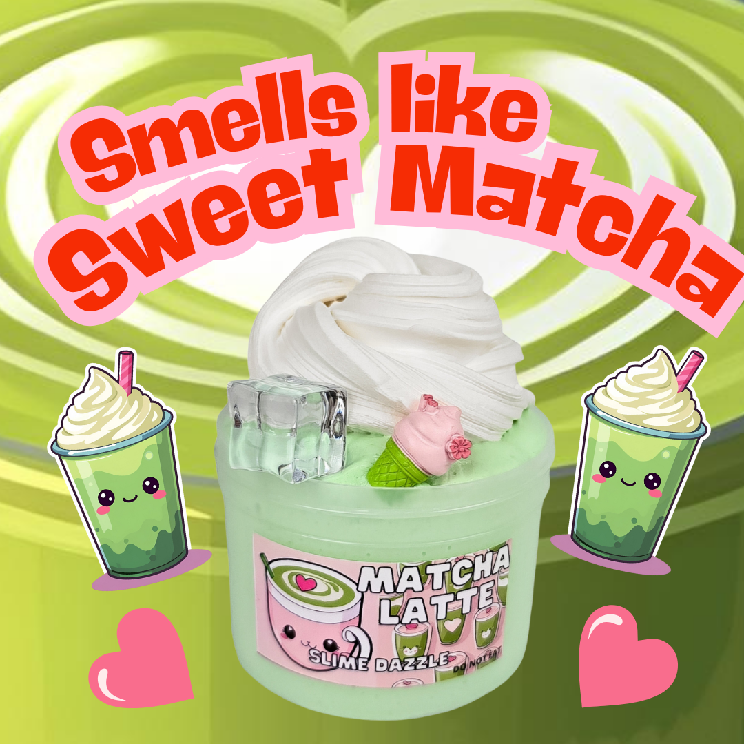 Matcha Latte DIY Butter Slime – Green Tea Matcha Vanilla Scented Slime with Clay Cream Swirl, Ice Cube & Charm – Beginner Friendly, Inflatable & Non-Sticky