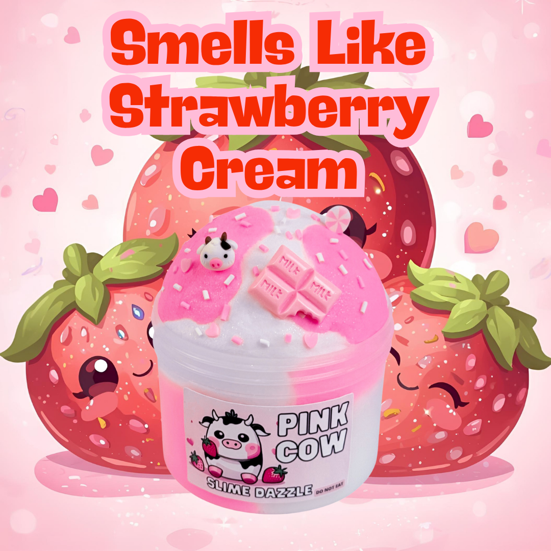 Pink Cow Cloud Slime – White and Pink Fluffy Cloud Slime with Cow & Heart Charms – Pink Sugar Scented Beginner Friendly Slime