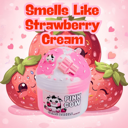 Pink Cow Cloud Slime – White and Pink Fluffy Cloud Slime with Cow & Heart Charms – Pink Sugar Scented Beginner Friendly Slime