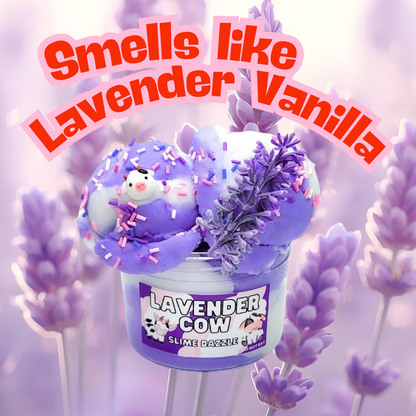 Lavender Cow Cloud Slime – White & Lavender Drizzly Cloud Slime with Lavender Vanilla Scent, Cow Charms, Sprinkles & Faux Flower – Beginner Friendly Relaxing Slime