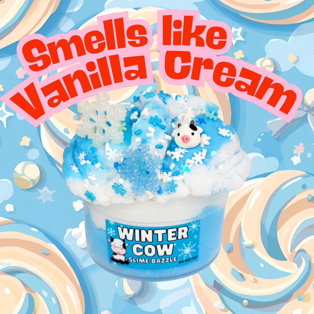 Winter Cow Cloud Slime – White & Blue Drizzly Slime with Vanilla Marshmallow Scent, Cow & Snowflake Charms, Sprinkles – Beginner Friendly Fluffy Slime