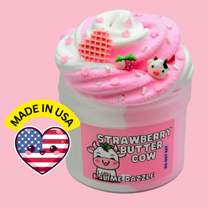Strawberry Butter Cow Slime – White & Pink Butter Snow Slime with Strawberry Patch & Vanilla Scent, Strawberry & Cow Charms – Beginner Friendly Soft Texture