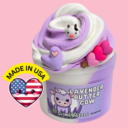 Lavender Butter Slime – Purple & White Butter Slime with Lavender Vanilla Scent, Cow & Heart Charms – Beginner Friendly Creamy Texture