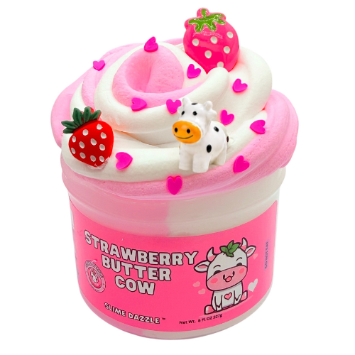 Strawberry Butter Cow Slime – White & Pink Butter Snow Slime with Strawberry Patch & Vanilla Scent, Strawberry & Cow Charms – Beginner Friendly Soft Texture