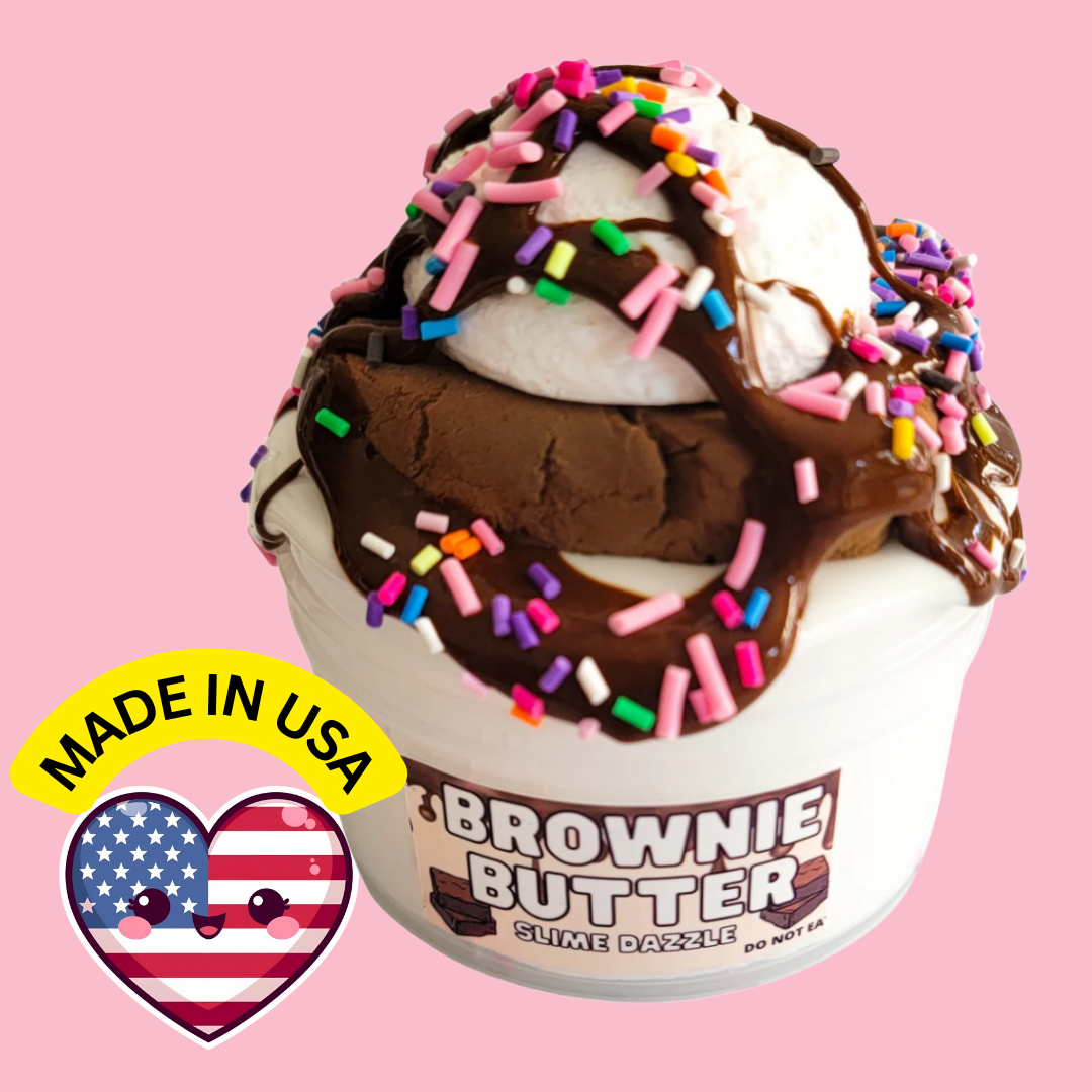 Brownie Butter DIY Slime – 8oz White Butter Slime with Brownie Clay Piece, Ice Cream Scoop, Caramel Glaze & Sprinkles – Brownie Scented Beginner Inflatable Slime
