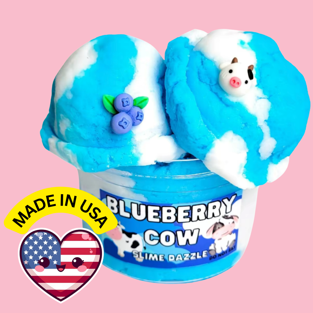 Blueberry Cow Cloud Slime – White & Blue Drizzly Cloud Slime with Blueberry Scent, Cow & Berry Charms – Beginner Friendly Soft Stretchy Slimev