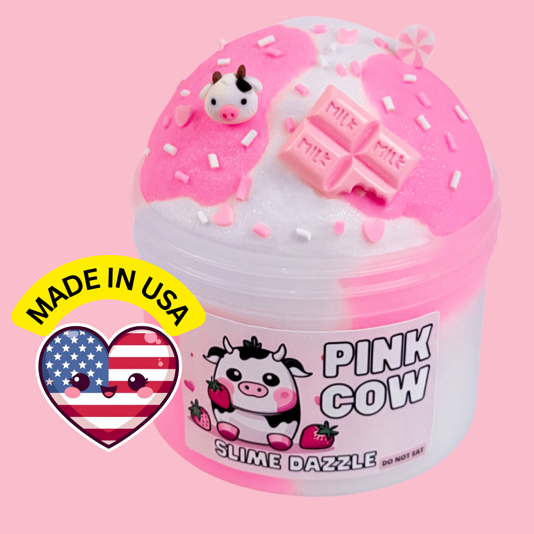 Pink Cow Cloud Slime – White and Pink Fluffy Cloud Slime with Cow & Heart Charms – Pink Sugar Scented Beginner Friendly Slime