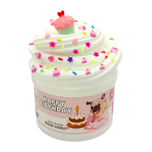 Happy Birthday Cloud Slime – Birthday Cake Scented Fluffy Slime – Pink & White Drizzle Slime – Soft Stretchy Scented Slime Gift