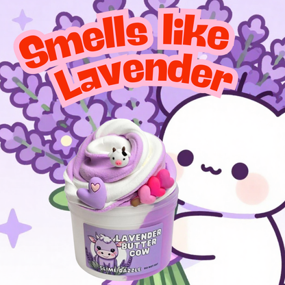 Lavender Butter Slime – Purple & White Butter Slime with Lavender Vanilla Scent, Cow & Heart Charms – Beginner Friendly Creamy Texture