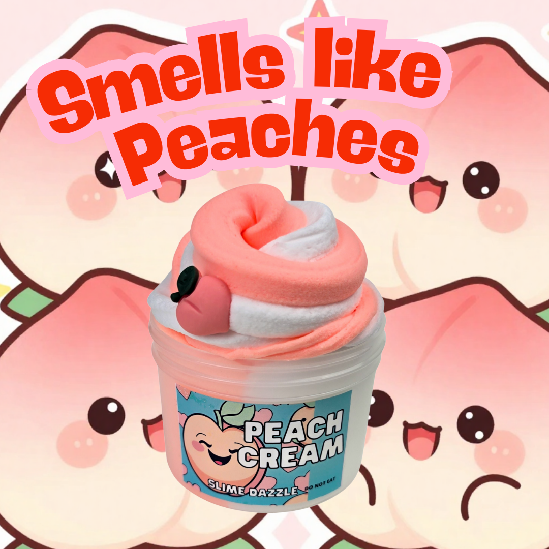 Peachy Cream Snow Butter Slime – Peaches and Cream Scented Slime with Peach Charm – Beginner Friendly Inflatable Slime for Balloon Pops