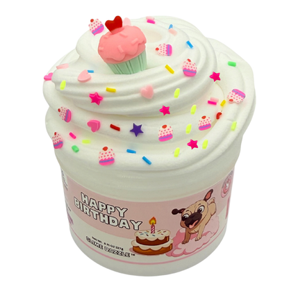 Happy Birthday Cloud Slime – Birthday Cake Scented Fluffy Slime – Pink & White Drizzle Slime – Soft Stretchy Scented Slime Gift