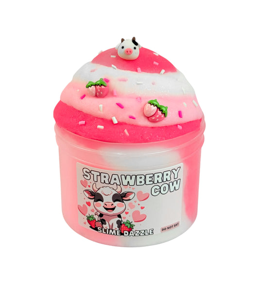 Strawberry Cow Snow Butter Slime – Strawberry Vanilla Scented Soft Butter Slime with Cow &amp; Strawberry Charms – Beginner Friendly Snow Butter Slim