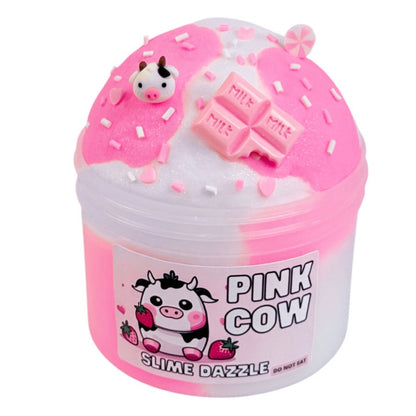 Pink Cow Cloud Slime – White and Pink Fluffy Cloud Slime with Cow & Heart Charms – Pink Sugar Scented Beginner Friendly Slime