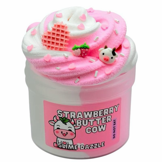 Strawberry Butter Cow Slime – White & Pink Butter Snow Slime with Strawberry Patch & Vanilla Scent, Strawberry & Cow Charms – Beginner Friendly Soft Texture