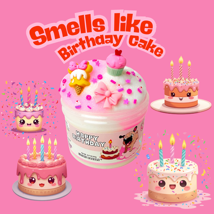 Happy Birthday Cloud Slime – Birthday Cake Scented Fluffy Slime – Pink & White Drizzle Slime – Soft Stretchy Scented Slime Gift