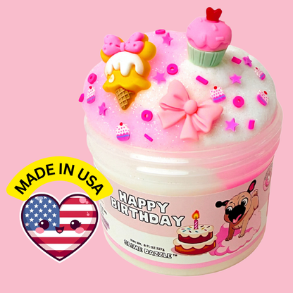Happy Birthday Cloud Slime – Birthday Cake Scented Fluffy Slime – Pink & White Drizzle Slime – Soft Stretchy Scented Slime Gift