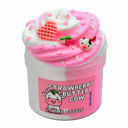 Strawberry Butter Cow Slime – White & Pink Butter Snow Slime with Strawberry Patch & Vanilla Scent, Strawberry & Cow Charms – Beginner Friendly Soft Texture