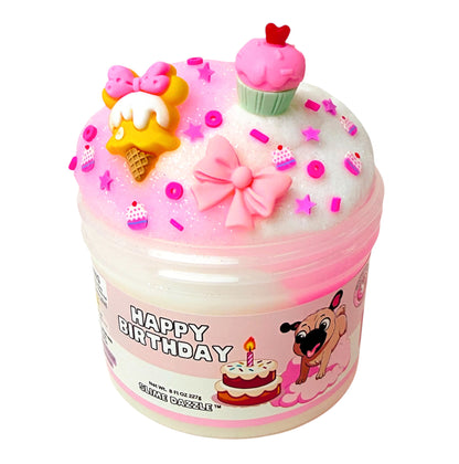 Happy Birthday Cloud Slime – Birthday Cake Scented Fluffy Slime – Pink & White Drizzle Slime – Soft Stretchy Scented Slime Gift