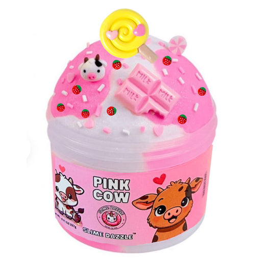 Pink Cow Cloud Slime – White and Pink Fluffy Cloud Slime with Cow & Heart Charms – Pink Sugar Scented Beginner Friendly Slime