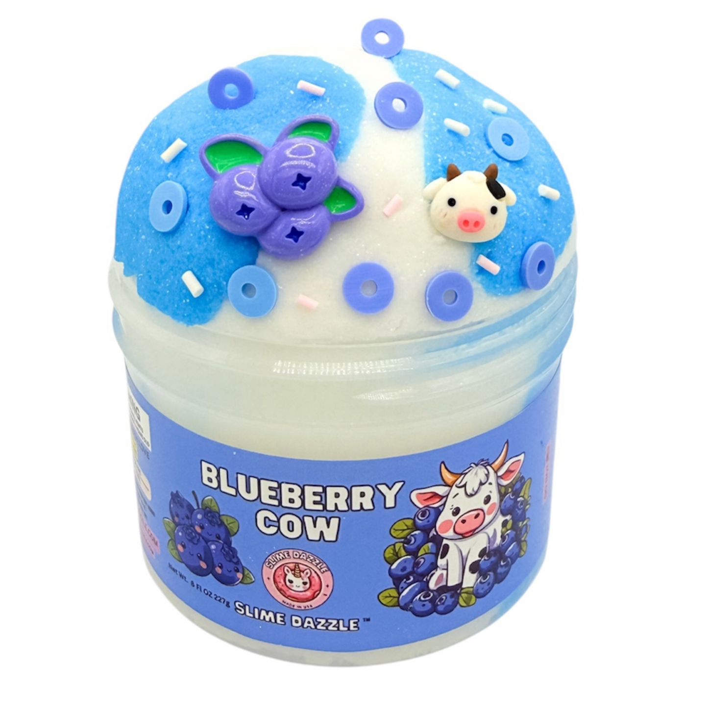 Blueberry Cow Cloud Slime – White & Blue Drizzly Cloud Slime with Blueberry Scent, Cow & Berry Charms – Beginner Friendly Soft Stretchy Slimev