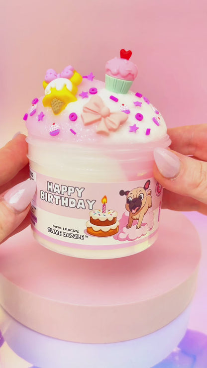 Happy Birthday Cloud Slime – Birthday Cake Scented Fluffy Slime – Pink & White Drizzle Slime – Soft Stretchy Scented Slime Gift